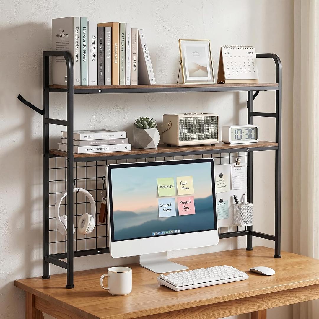 2-Tier Desktop Bookshelf Organizer, Dorm Desk Hutch with DIY Grid, 45.3 Inches