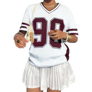 Jersey Shirts for Women Y2k Graphic Number Shirt Oversized V Neck Shirts Casual Streetwear Summer Tops (Large, Red)