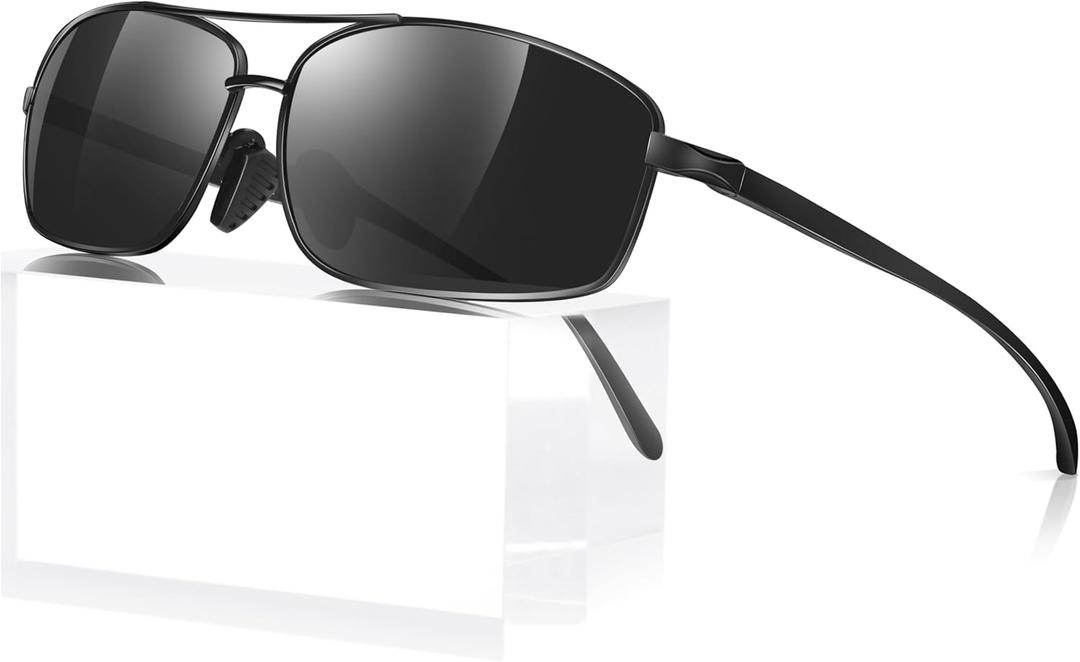 Polarized Sunglasses for Men, Ultra Lightweight Al-Mg Sunglasses with Spring Hinges, 100% UV400 Protection Mens Shades (Black Frame Dark Grey Lens)