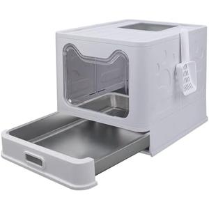 Tokenkuko Stainless Steel Foldable Litter Box with Lid,Enclosed Cat Litter Box,Front Entry Top Exit Kitty Litter Box,Large Litter Box with Cat Litter Scoop, for Small to Large Sized Cats(Gray)