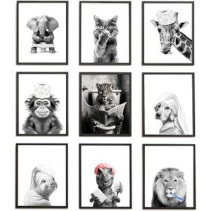TWNSLLA Funny Bathroom Wall Art Set of 9 - Black and White Bathroom Wall Decor,Cute Animal Canvas Art Prints,Funny Bathroom Decor Wall Art Retro Funny Bathroom Signs for Wall,Unframed,8x10inch