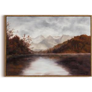 KISSFOX Vintage Fall Countryside Framed Wall Art Autumn Lake Mountain Forest Landscape Canvas Art Farmhouse Nature Paintings Artwork Rustic Serene Art Prints For Kitchen Living room Bedroom, 36"L x 24"W