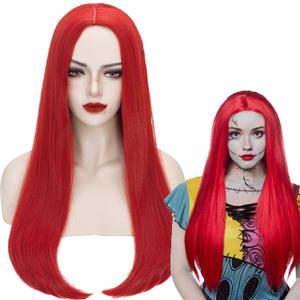 Wiggy Mermaid Red Sally Wig for Adult Women, 60 CM Long Straight Red Wig Middle Parting Synthetic Hair Wig+ Wig Cap for Halloween Christmas Sally Costume Party