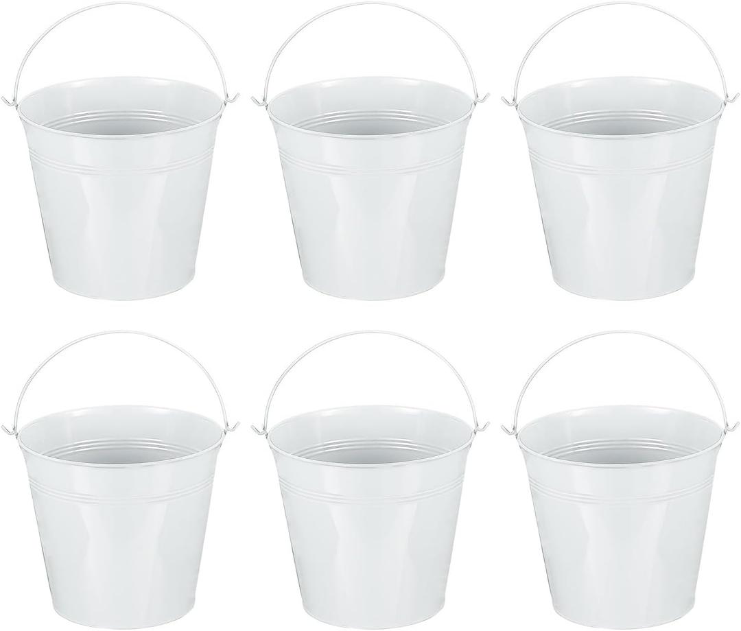 PATIKIL 7"x6.4" Small Metal Buckets with Handle, 6 Pcs Mini Galvanized Bucket Colorful Easter Buckets for Crafts Party Favors Decoration, White