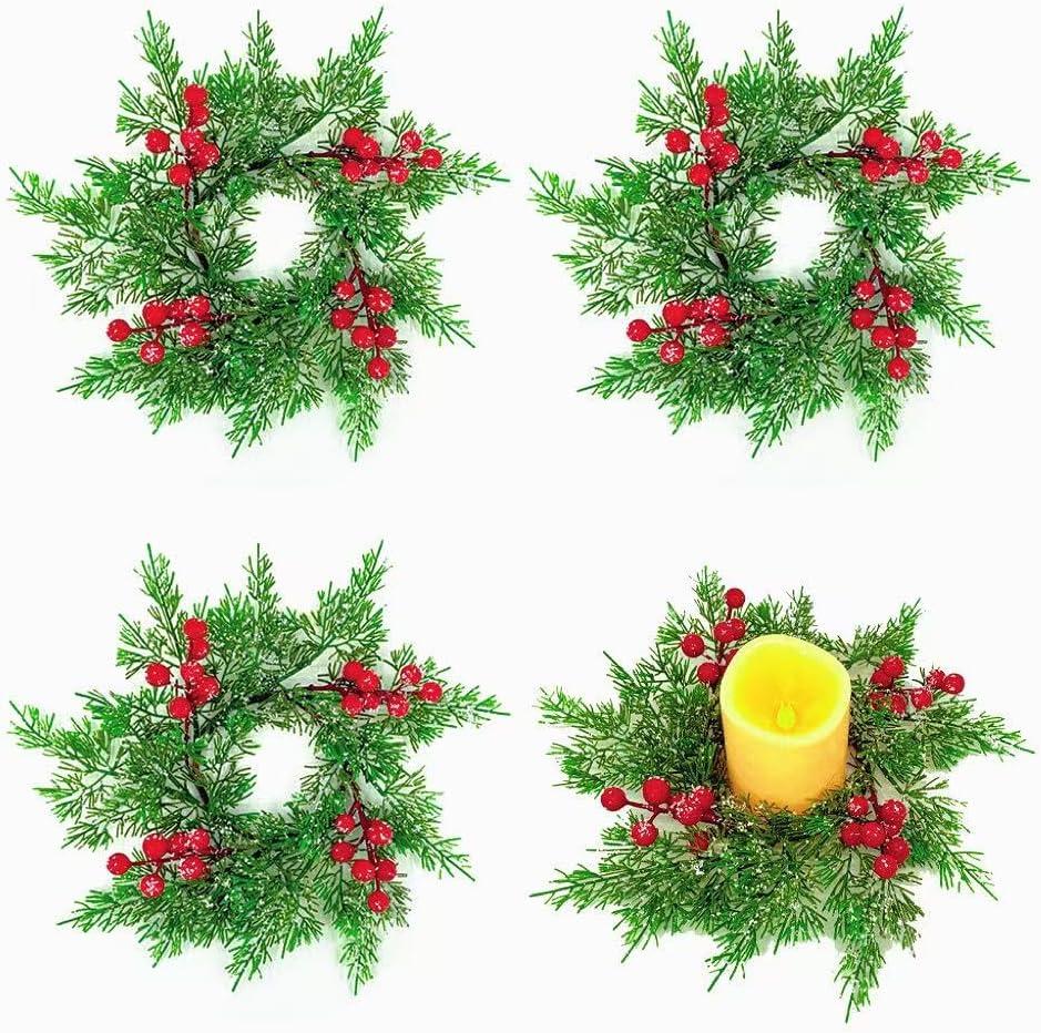 4Pcs Mini Christmas Candle Rings Wreaths, 10Inch Christmas Pine Kitchen Cabinet Candle Holder with Red Berries for Table Cenderpiece Chair Wall Window Decor
