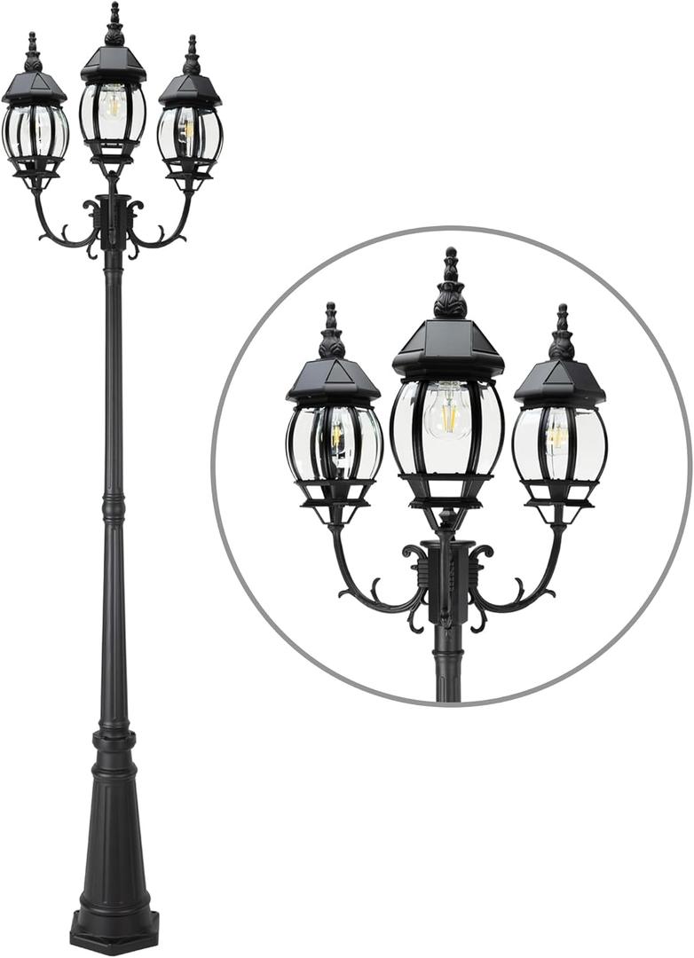 LUTEC Outdoor Solar Post Light with Triple-Head, Dusk to Dawn Lamp Post for Lawn Pathway Garden, Black Aluminium Vintage Street Light with Clear Glass Panels (Bulbs Included)