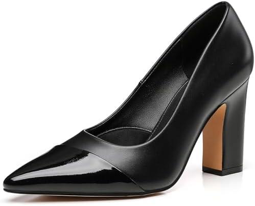 Trary Heels for Women Closed Pointed Toe Chunky Pumps Shoes Women Block High Heels Comfortable Slip-On Dress Office Party Wedding Shoes 3.54" Heel 8.5