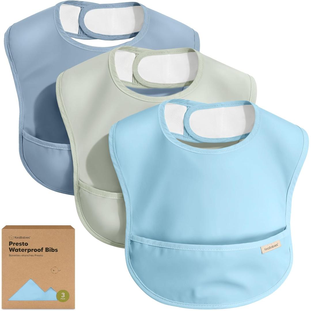 KeaBabies 3-Pack Waterproof Baby Bibs for Eating - Lightweight Toddler Feeding Bibs with Large Food Catcher, Mess Proof, Food-Grade Baby Eating Essentials, Easy to Put On & Clean (Ocean)