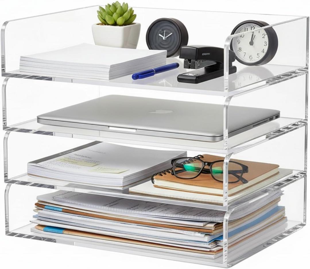 Harloon 4 Tier Paper Organizer Letter Tray Acrylic Desk File Organizer Heavy Duty Stackable Documents Clear Letter Paper Holder Sorter Office Tray for A4, Office Classroom Home File Pad Notebooks (12.4 x 8.7 x 2.7 Inches, Transparent)