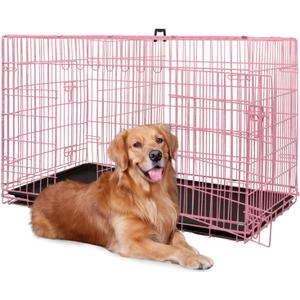 BestPet Dog Crate for Large Dogs,48 Inch Dog Kennel Outdoor with Double-Door,Folding Metal Pet Dog Cages with Divider Panel, Tray and Handle,Pink