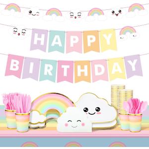 Dandat 175 Pcs Rainbow Party Decorations Happy Birthday Party Supplies Serves 24 Guests Rainbow Design Plates Cups Napkins Tablecloths Banner