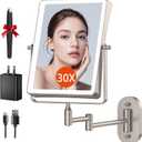 FUNTOUCH 5000mAh Rechargeable Wall Mounted Makeup Mirror with Lights, 8.7" Double Sided 1X/30X Magnifying Mirror with Dimmable 3 Color Light, Extended Swing Arm 360 Wall Mount Bathroom Vanity Mirror (Brushed Nickel)