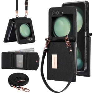 for Samsung Galaxy Z Flip 5 Wallet Case with Built-in Leather Cash Slot and Credit Card Holder. Wristlet Strap and Hinge Protection, Carrying Handbag Phone Case for Women Ladies.(Black)