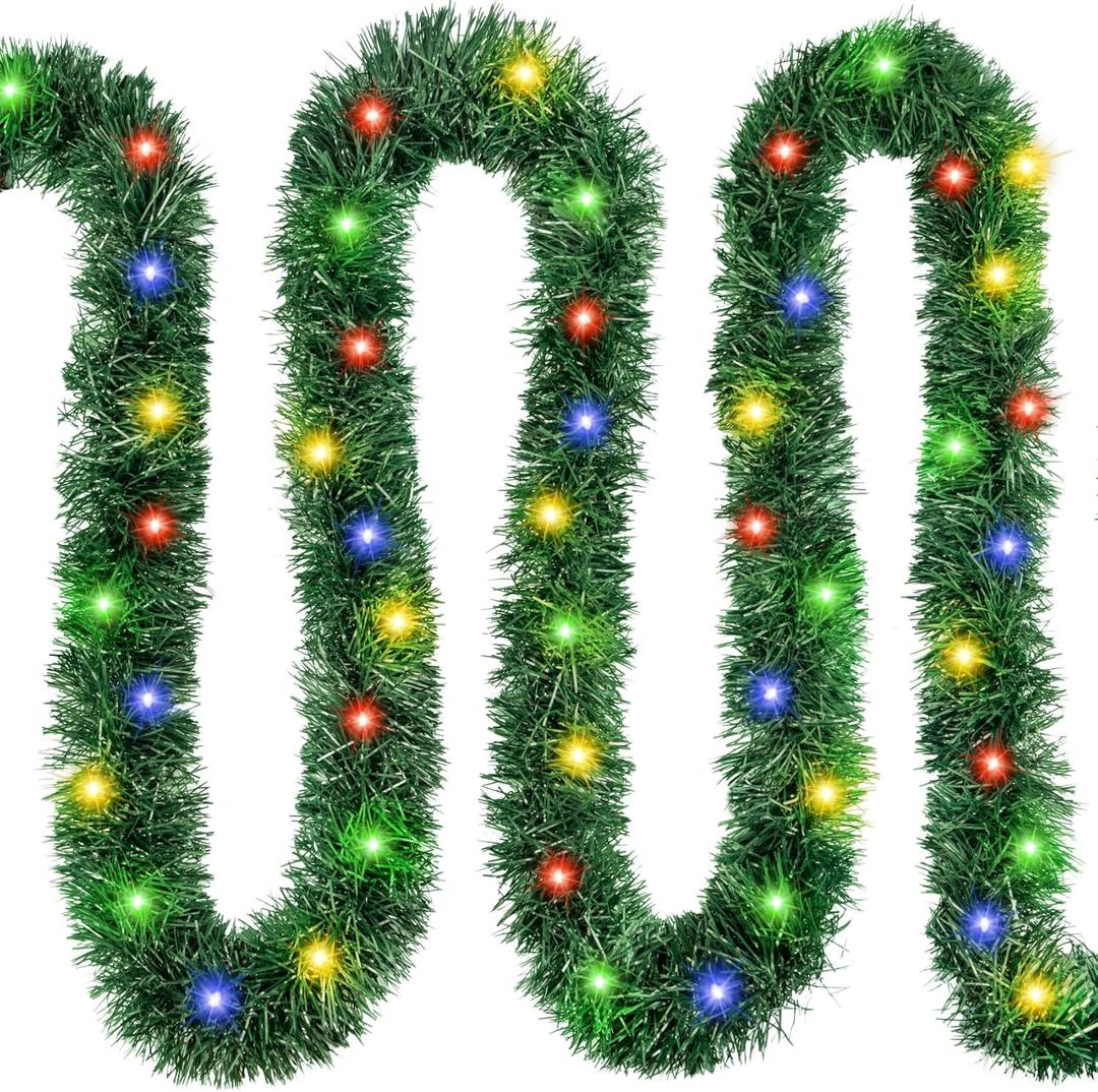 39.4FT Pre-lit Christmas Garland with Lights, 150 Colorful Artificial Lighted Tinsel Pine Garlands for Decoration Christmas Xmas Winter Garland for Mantle Door Stairs Party Indoor Outdoor Home Decor