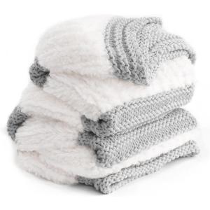 YnM Ultra Soft Fuzzy Throw Blanket, Hand Knit with Faux Rabbit Fur and Cotton Chunky Yarn, Reversible Thick Fluffy Throws, Home Dcor Piece for Couch, Sofa & Bed, Light Grey 60x80 Inch
