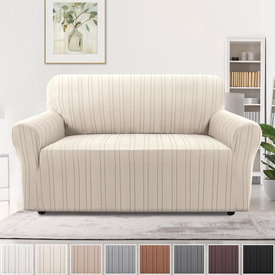 H.VERSAILTEX High Stretch Loveseat Covers 1-Piece Couch Cover Non Slip Sofa Cover with Elastic Bottom Thick Soft Sofa Covers Washable Polyester Spandex Jacquard Fabric Stripe Design(Loveseat, Natural)