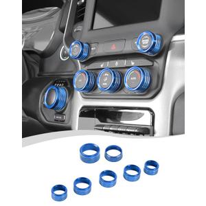 Hoolcar Headlight & Air Conditioner Switch Knob Cover Aluminum Alloy Center Console Switch Knob Cover Compatible with 2018-2025 Dodge Ram, Interior Accessories, Blue, 7PCs