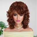 GNIMEGIL Shoulder Length Wigs For Women Auburn Curly Wig With Bangs Loose Wavy Hair Wigs Big Bouncy Fluffy Synthetic Hair For Reba Mcentire Cosplay Carnival Party Costume Daily Wear