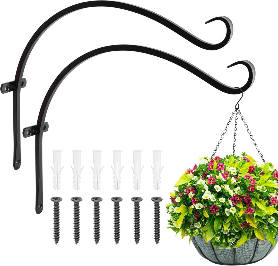 FEED GARDEN 18 Inch 2 Pack Outdoor Hanging Plant Bracket for Bird Feeders, Wind Chimes, Lanterns, Heavy Duty Metal Iron Wall Hooks with 6 Screws (Black)