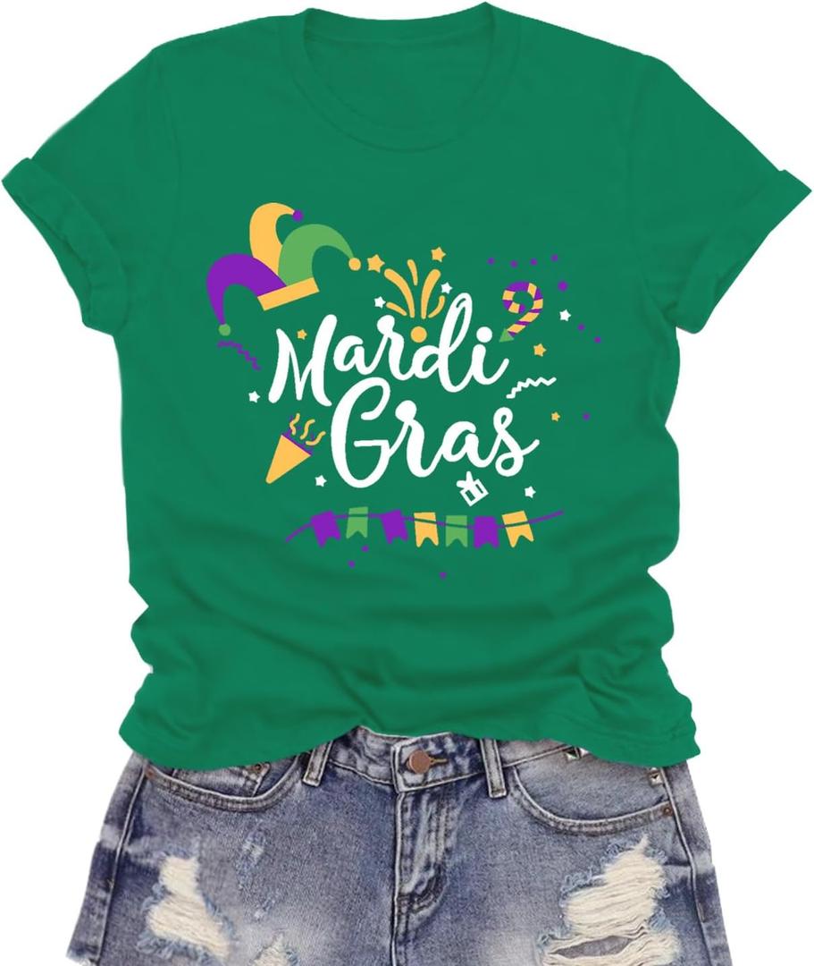 Mardi Gras Shirt for Women Happy Mardi Gras Day T-Shirt Womens Fat Tuesday Party Tee Tops (Large, Green)