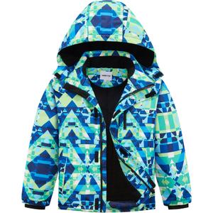 Boys Waterproof Ski Jacket Fleece Lined Warm Winter Snow Coat Hooded Winter Jacket for Kids (13-14, Green Geometry)