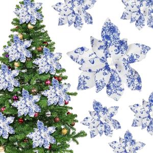 Janinka 8 Pcs Chinoiserie Christmas Large Decorations for Tree 10.6 Inch Blue White Chinoiserie Style Poinsettia Floral Picks Large Chinese Fabric Artificial Flower Stems for Xmas Tree Decor Party