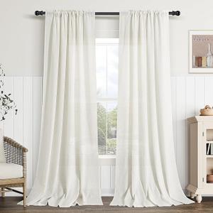 Guken Natural Linen Curtains 90 Inch Length for Living Room Bedroom 2 Panels Set Rod Pocket Light Filtering Semi Sheer Window Curtains 52 Inch Width Boho Farmhouse Linen Drapes Cream Ivory, W52xL90