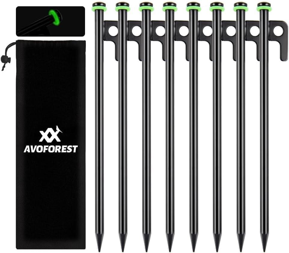 8Inch Heavy Duty Tent Stakes,8 PCS Tent Pegs Metal+Fluorescent Silicone Rings+ Storage Bag for Camping