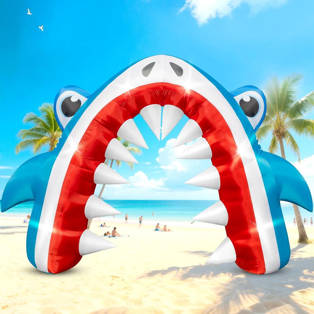 Eyourlife 128 FT Shark Summer Inflatable Arch, Giant Outdoor Blow Up Yard Decoration with Built-in 6 LED Lights for Pool Stage Event Birthday Party Ocean Theme Luau Beach Party Take Photos
