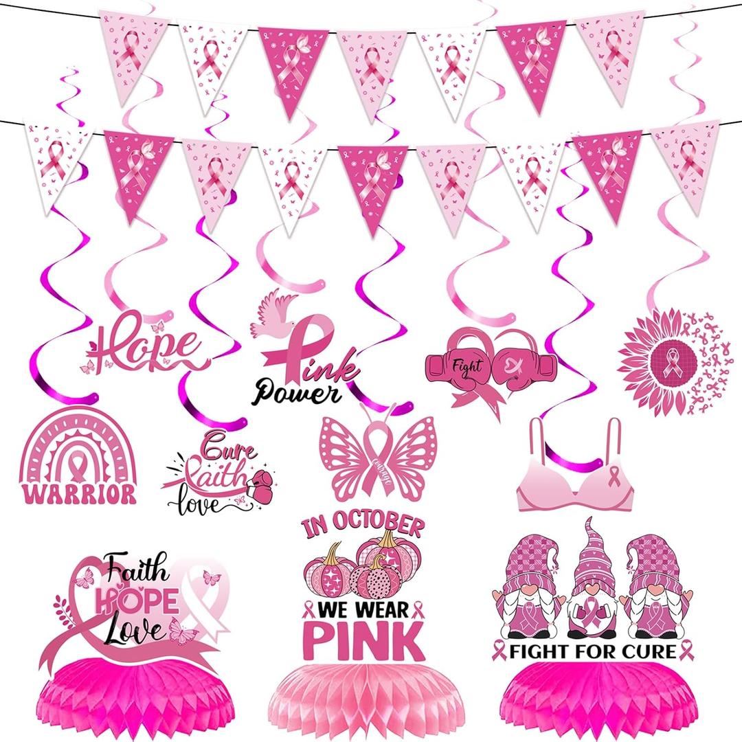 Breast Cancer Awareness Decorations - Breast Cancer Survivor Supplies 13Pcs Cancer Free Pennant Banner Pink Ribbon Hanging Swirl Centerpieces for Breast Cancer Survivors Party Supplies