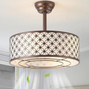 Brown Fandelier Ceiling Fan with Light, 20" Caged Brown Chandelier Ceiling Fans with Lights Remote Control, Fabric Mid-Century Modern with 6 Speeds for Bedroom, Nursery, Living Room.