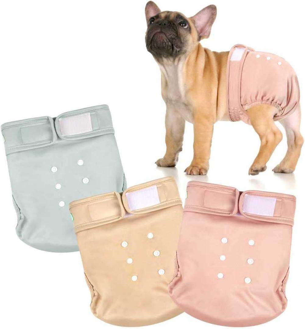 wegreeco Frenchie Dog Diapers Female No Tail Hole, Washable Pet French Puppy Bulldog Diapers Female for Period Heat, Reusable Doggy Doggie Dog Diapers Medium, Champagne Colour 