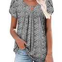 onlypuff Womens Tops Short Sleeve Cute Summer Clothes Pleated Plus Size Front Dressy Casual Blouses DenseBlack Floral XL