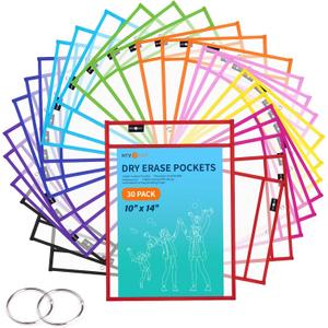 HTVRONT Oversized Dry Erase Pockets - 30 Pack Reusable Sleeves with Rings, Clear Plastic Sheet Protectors for Classrooms, Teachers, Schools, Shops, Ticket Holders