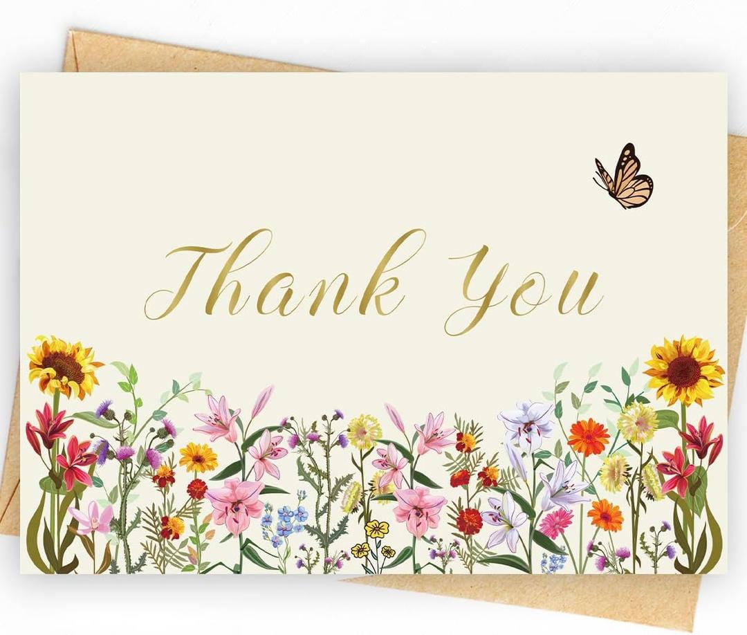 25 Pack 350GSM, Floral Thank You Cards, Thank You Cards with Envelopes, Thank You Notes, Small Thank You Cards, Bulk, Thank You Notes with Envelopes, Blank, Wildflower, Watercolor, Wedding