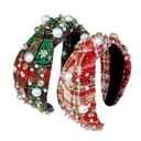 2 Pcs Christmas Headbands for Women Pearl Rhinestone Knot Headband Xmas Crystal Jeweled Hair Band Bow Wide Top Knotted Headband Christmas Hair Accessories Holiday Party Outfits(Snowflake Plaid)