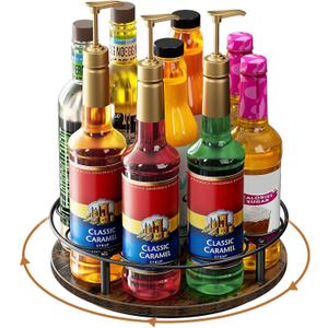 Nuovoware 9 Bottles Rotating Coffee Syrup Rack, Coffee Syrup Rack Organizer Carbon Steel Frame with Wooden Base Bottle Holder for Syrups Table Top Thermos, Brown+Black