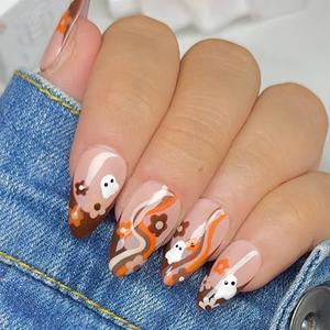 Halloween Press on Nails Almond Fake Nails French Tip Glue on Nails Cute Halloween False Nails with Orange Brown Flowers Waves Ghost Designs Glossy Brown Tips Nude Acrylic Nails for Women and Girls, 3 Pack