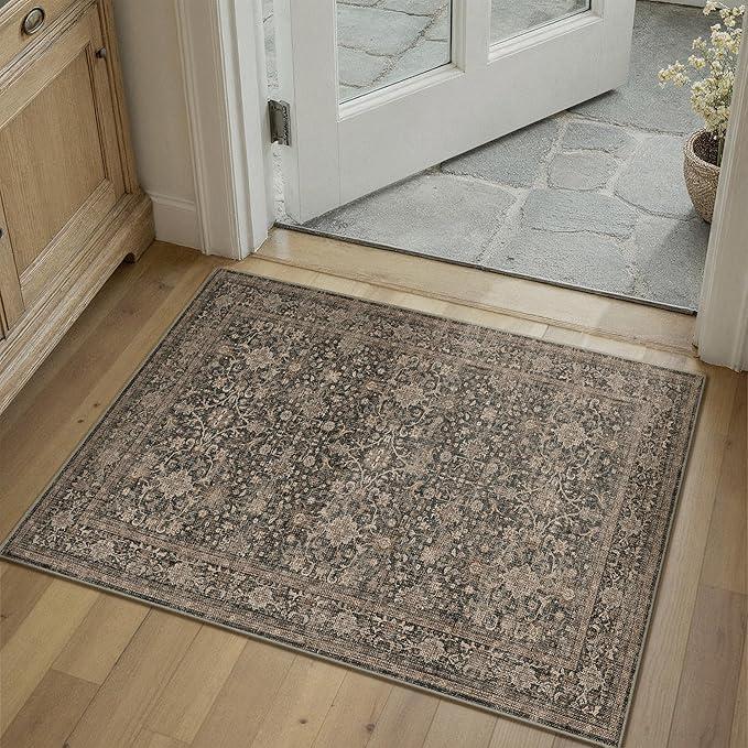 HUGEAR 2x3 Small Rug Washable Area Rug Brown Entryway Rugs Entrance Door Mat Indoor Retro Rugs Thin Low Pile Carpet Lightweight Throw Rug Kitchen Bedroom Bathroom Office Non Slip