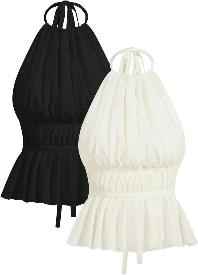 Milumia Women's 2 Piece Tank Tops Pleated Tie Backless Sleeveless Ruffle Hem Halter Top (Black and White)