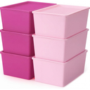 Menkxi 6 Pcs Storage Bins with Lids Small Plastic Storage Containers Stackable Storing Baskets Box Cute Organizer Bins for Organizing Shelves (Pink Series)