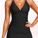 Talisea Womens Tankini Swimsuits with Shorts - Two Piece Tummy Control Bathing Suits with Pockets V Neck Swimwear Boyshorts (Black, L)