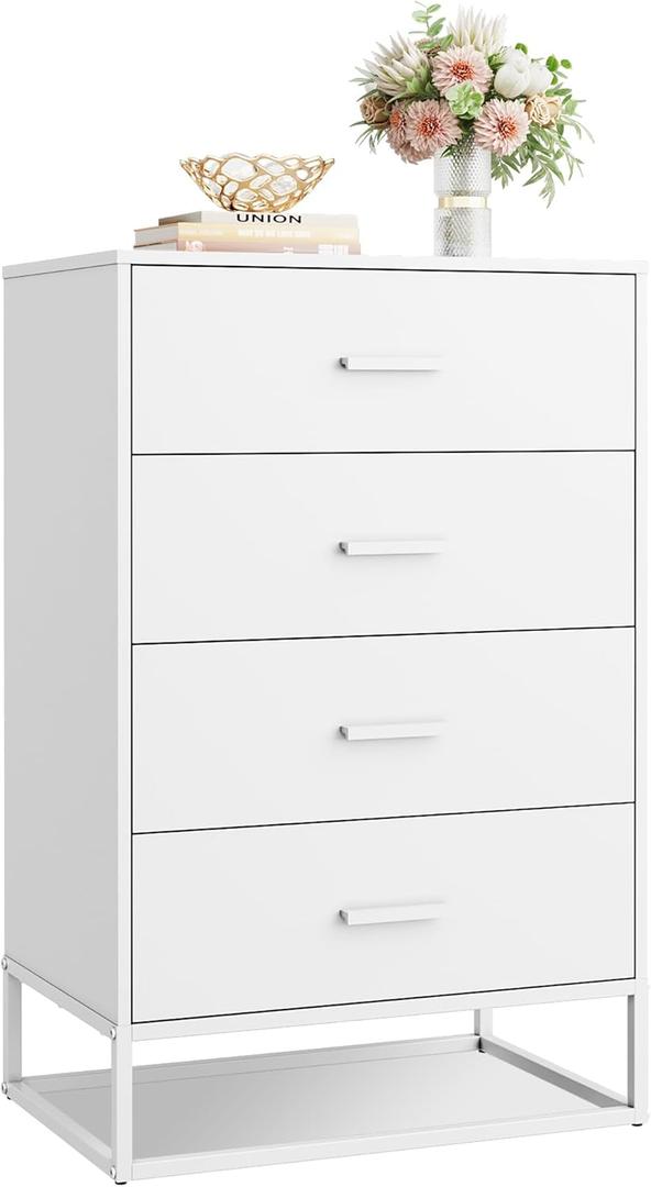 WLIVE Wood Dresser for Bedroom with 4 Drawers, Nightstand, Chest of Drawers, Tall Dresser Drawers with Sturdy Metal Frame for Hallway, Living Room, Closet, White