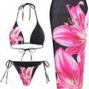 ZAFUL Womens 3pcs Swimsuit Floral Halter Triangle Bikini Top Tie Side Bottom with Long Sheer Cover Up Skirt (Medium, 0-pink)