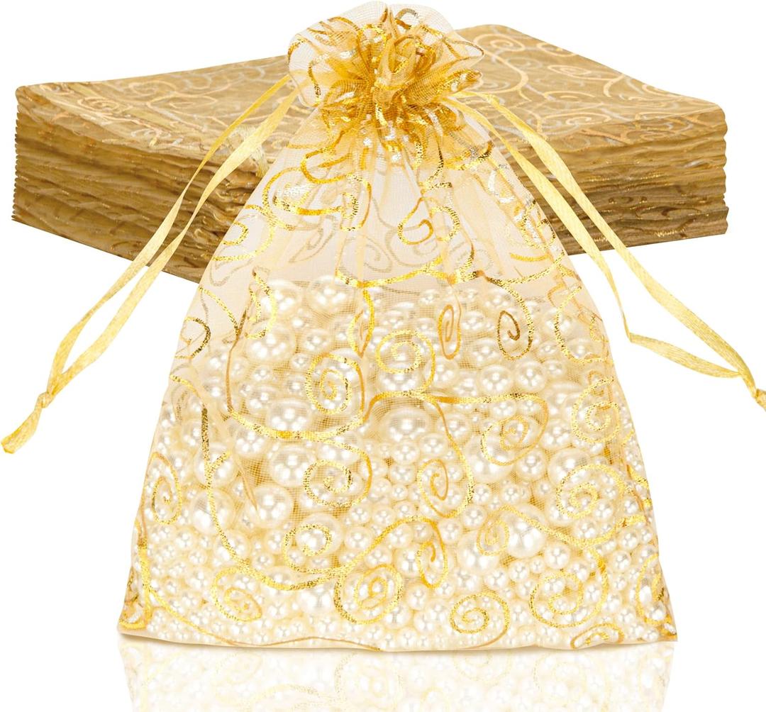 Staruby Organza Gift Bags 50 Pcs Gold Sheer Organza Bag 6x8 Inch Mesh Favor Bags Drawstring Jewelry Rattan Printed Gift Pouches for Wedding Party Favors Couple Shower Christmas Gifts Candy Bags