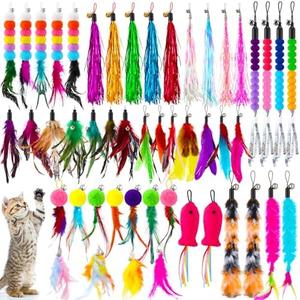 Cosblank 50 Pcs Cat Feather Toys Refill Cat Wand Replacement Feathers with Bells Interactive Pet Wand Attachment Toys