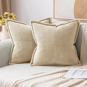 MIULEE Cream Corduroy Pillow Covers with Splicing Set of 2 Super Soft Couch Pillow Covers Broadside Striped Decorative Textured Throw Pillows for Spring Cushion Bed Livingroom 18x18 inch (18" x 18" (Pack of 2), Cream)