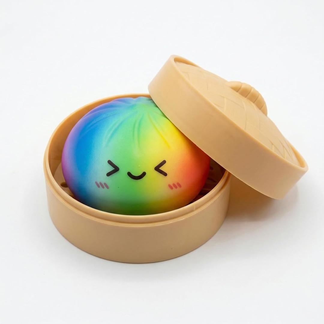 Rainbow Dumpling squishies Stress Balls, Colorful Squishies Dumpling Fidget Sensory Toy with Food Steamer, Squeeze Dough Ball for Stress Relief, Stretchy Desk Toys Gift