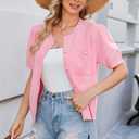 Newshows Womens Summer Cardigan Sweaters Lightweight Short Sleeve Button Down Shirts Ribbed Knit Blouse Tops 2024 Trendy (Pink, S)