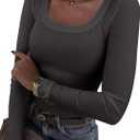 Roselux Womens Long Sleeve Scoop Neck Ribbed Knit Fitted Casual Tops Tee Slim Basic Shirts (Large, Charcoal)